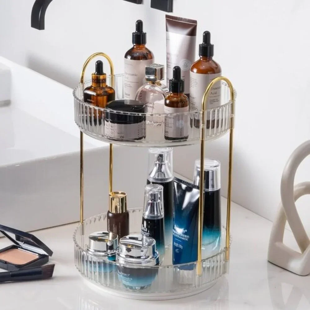 New 360° Rotating Makeup Organizer, 2-Tier Clear Vanity Storage for Skincare